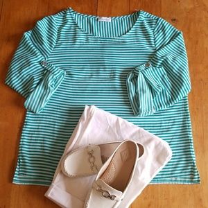 Calvin Klein Teal & White Striped Blouse L